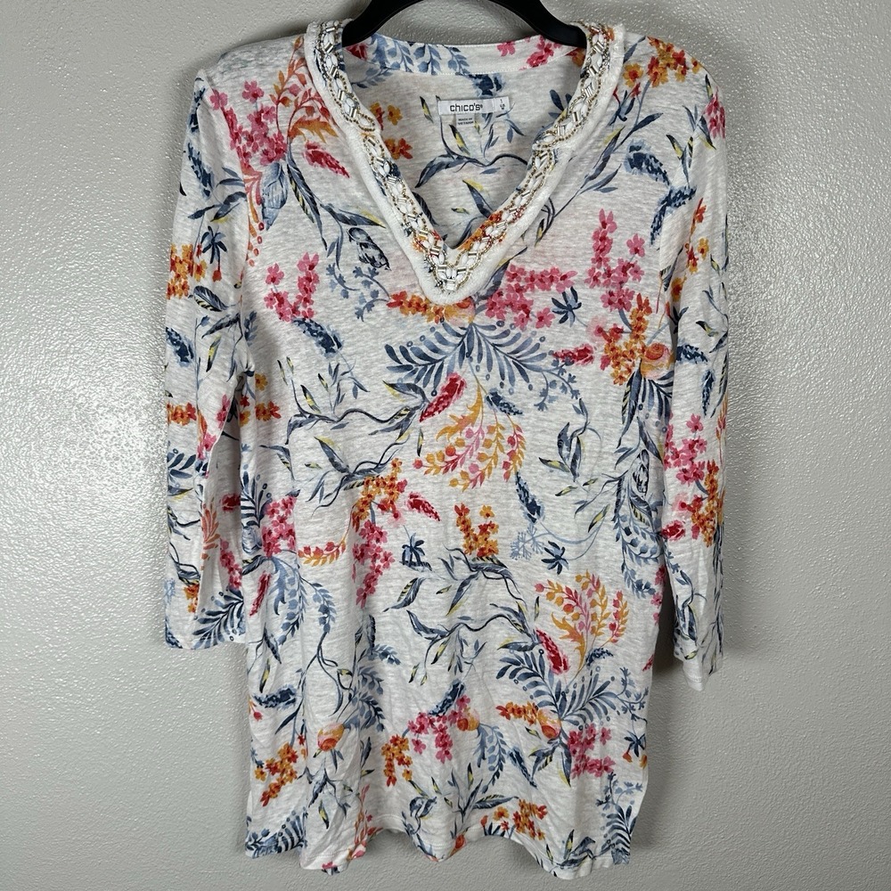 Chico's Embellished V-Neck 100% Linen Tunic Blouse Sz 1/Medium Floral 3/4 Sleeve